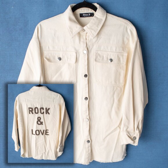 Blue B Collection Women’s Oversize Small “Rock & Love” Cream Denim Jacket Coat - Picture 1 of 9